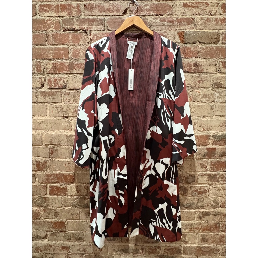 Chico's Marrakesh Long Kimono Ruana Burgundy Black Abstract Size 3 XL NWT - Picture 2 of 7